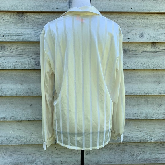 Vintage 90s Ivory White Striped Long Sleeve Collared Button Down Semi Sheer Top - Picture 15 of 16